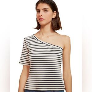 RITA ROW Ras Striped Blue Top One-Shoulder Size Large